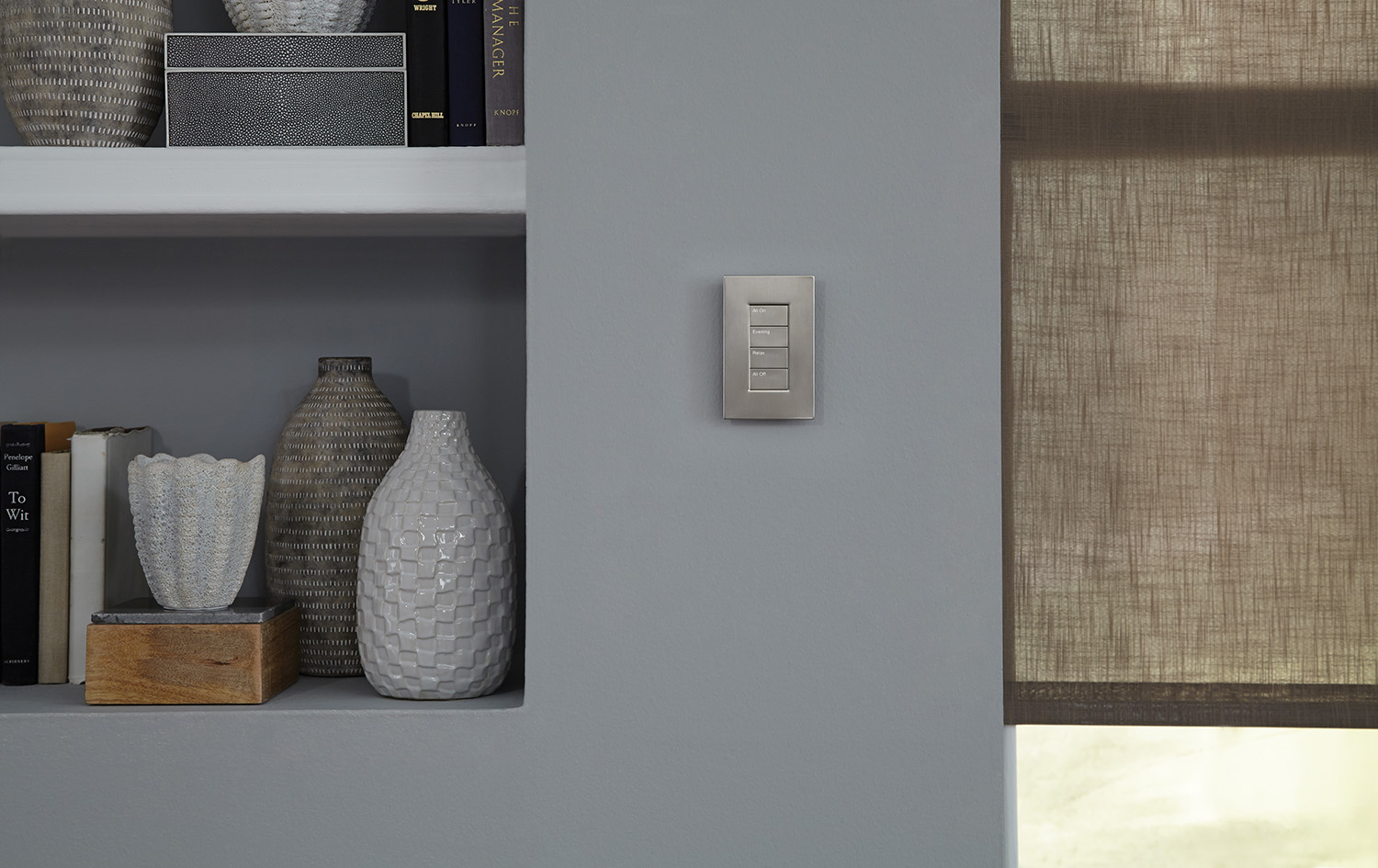 bedroom with control4 interface on tv on wall