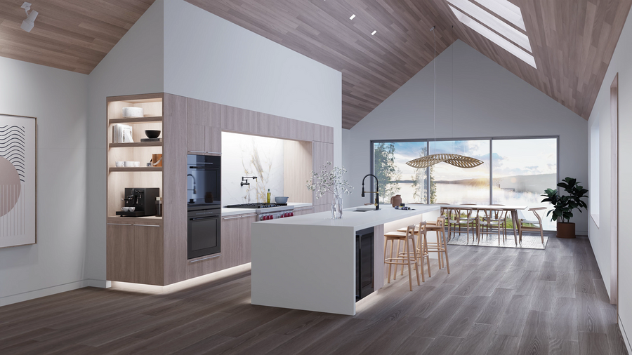 A beautifully lit kitchen with wood floors and ceilings, LED Lutron lighting, and a view of a lake through the windows. 